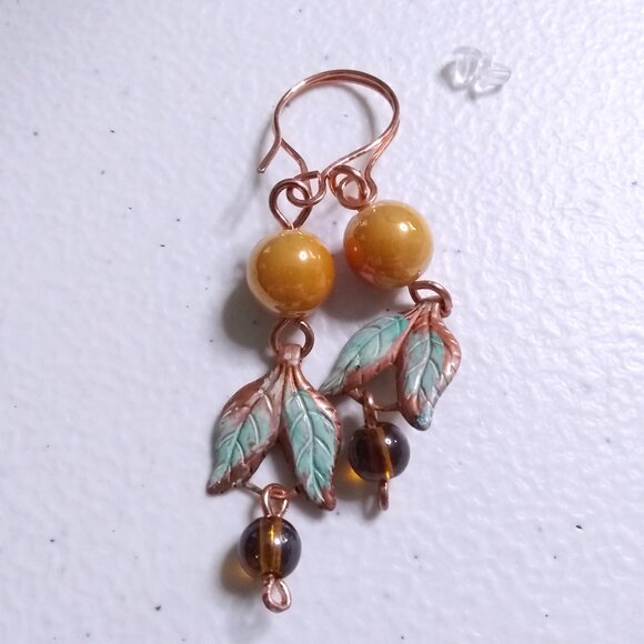 Handmade Copper Leaf Earrings ~ Patina Painted Fall Jewelry with Beaded Accents - Picture 8 of 10